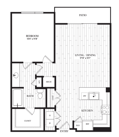Floor plan for 1 bed, 1 bath, 817 sqft